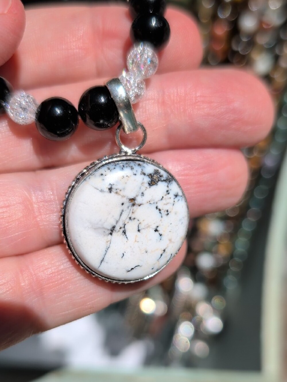 Black Beaded Necklace with White Stone Pendant - Picture 3 of 4